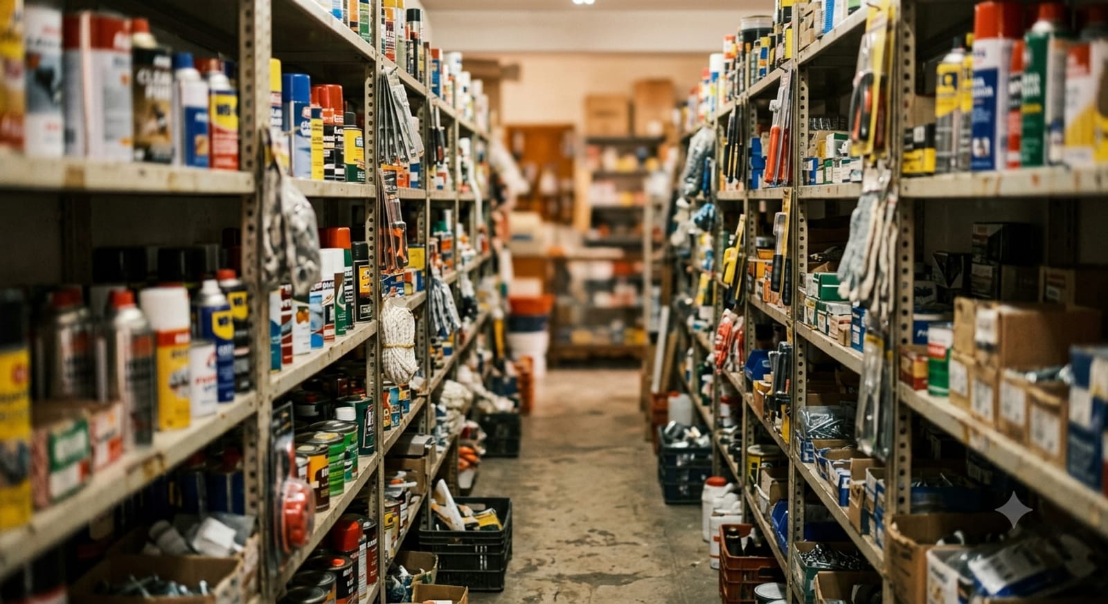 Interior de la ferretería con estanterías llenas de productos